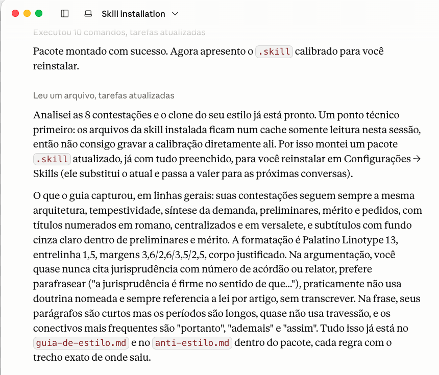 Print real do Claude descrevendo o estilo capturado do usuário: formatação Palatino Linotype 13, entrelinha 1,5, margens 3,6/2,6/3,5/2,5